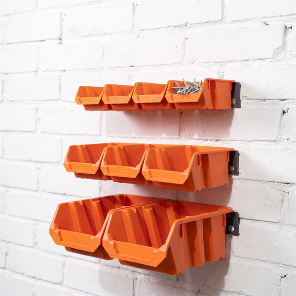 Mixed Bin Kit – 9 Bins in 3 Sizes + 3 Wall Rails, Orange
