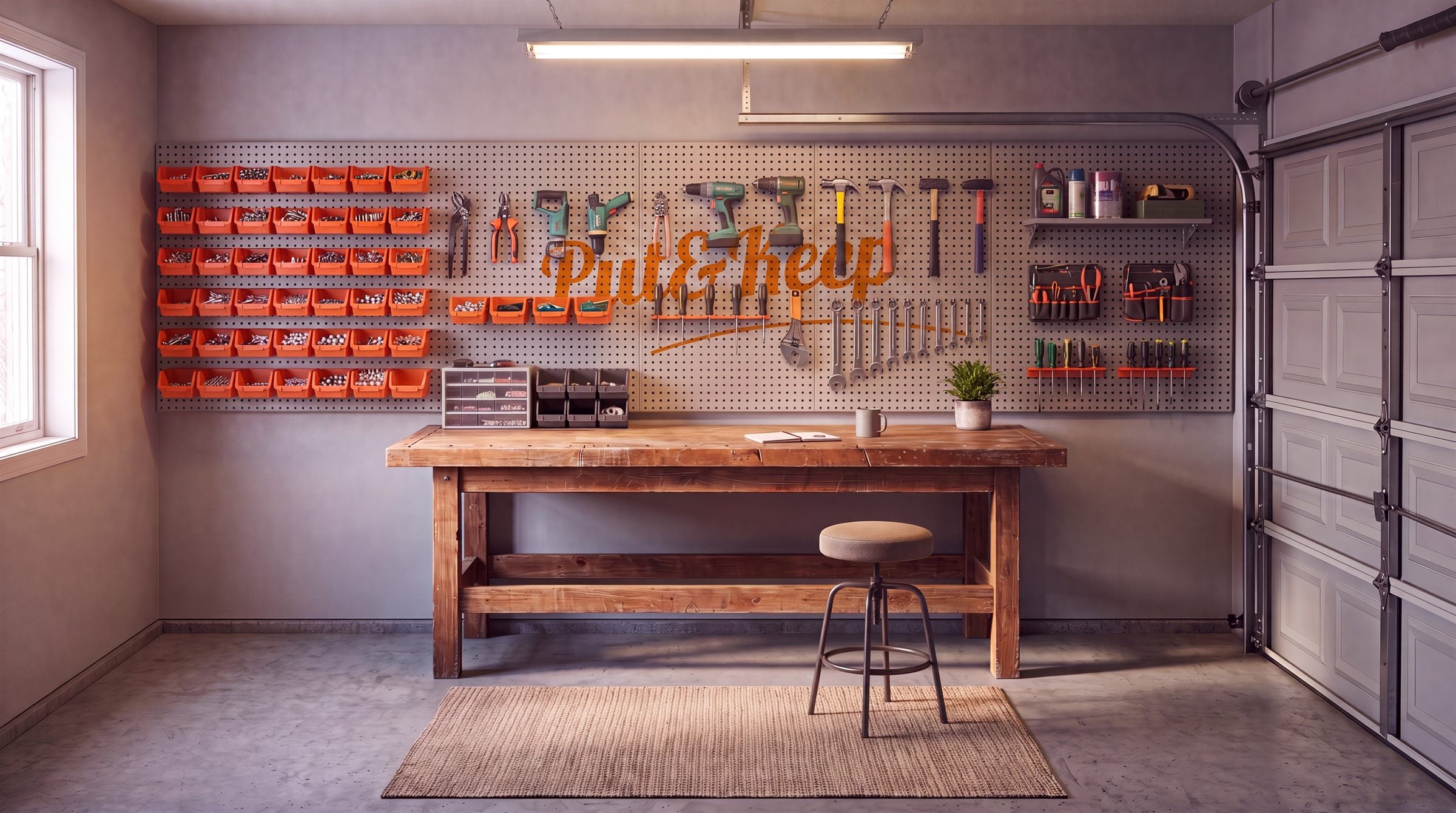 The same garage with every tool stored on a Put&Keep wall system