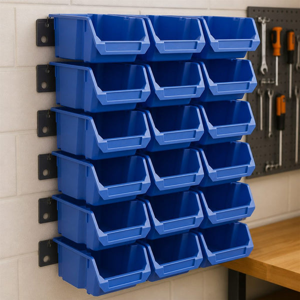 Flagship Bin Wall – 18 Bins + 6 Wall Rails, Blue