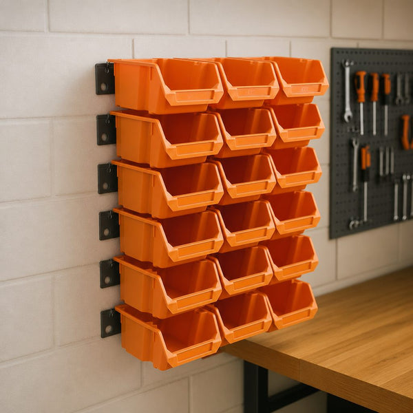 Flagship Bin Wall – 18 Bins + 6 Wall Rails, Orange