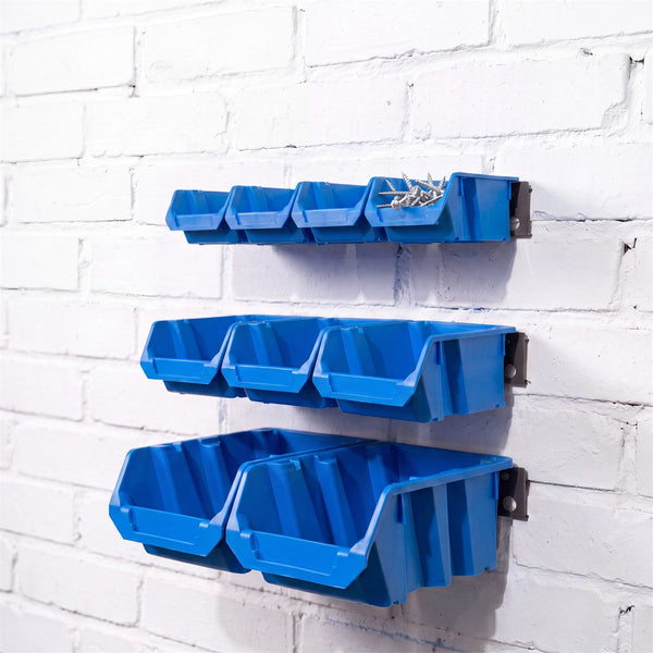 Mixed Bin Kit – 9 Bins in 3 Sizes + 3 Wall Rails, Blue